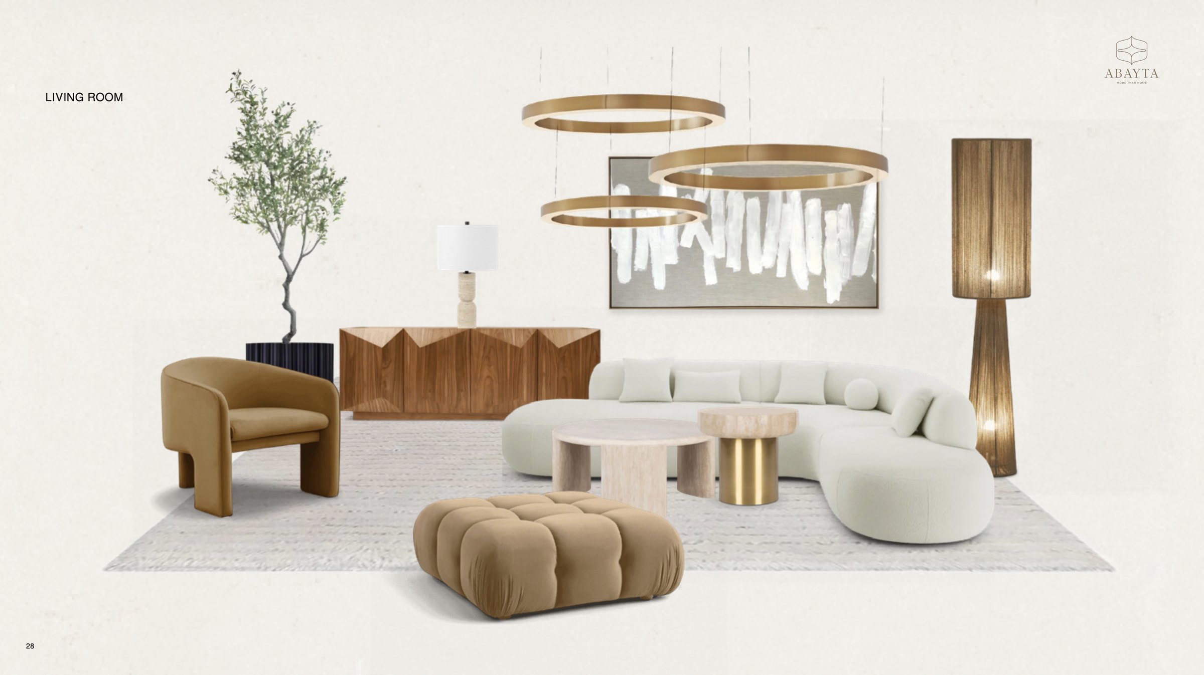 ABAYTA Living Room — moodboard with bronze pendants, ivory bouclé sectional and oak floor