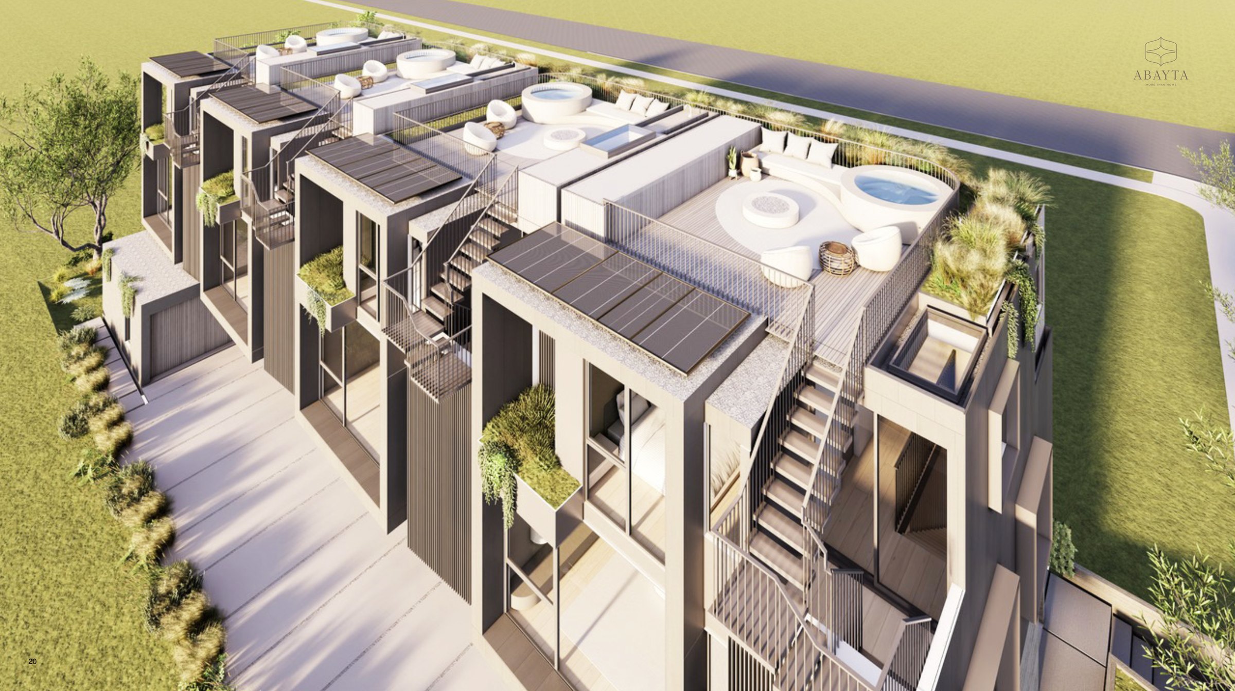 ABAYTA — aerial view of the four townhouses, rooftop terraces and gardens